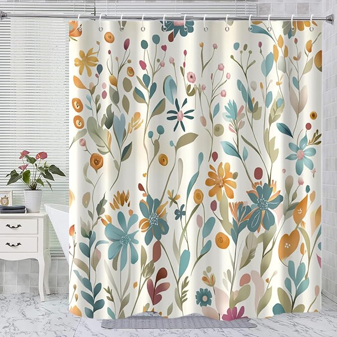 Colorful Floral Extra Long Shower Curtain, Wildflower Plant Leaves Cute Flower Spring Herbs Waterproof Fabric Machine Washable for Bathroom Bathtub with Hooks 72Wx84H