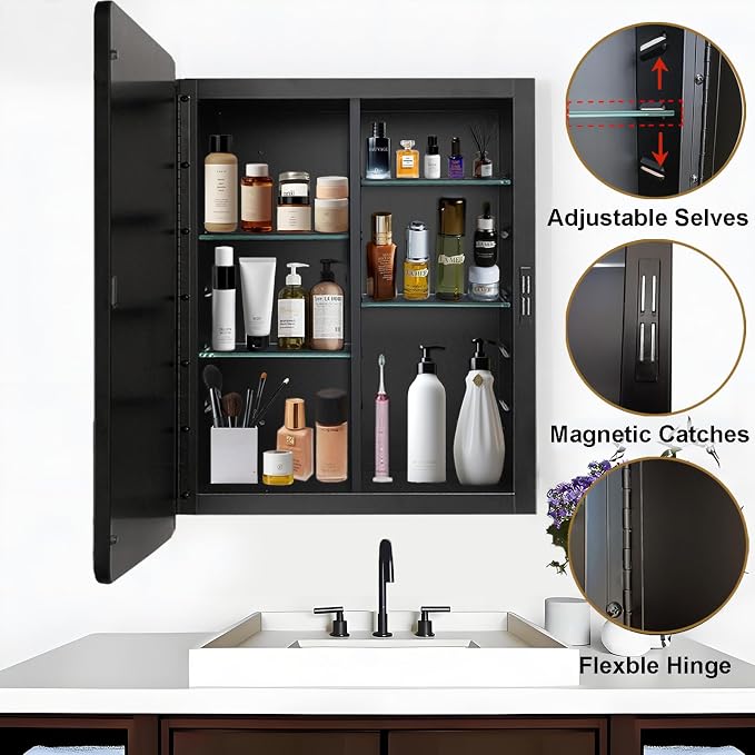 Black Medicine Cabinet 22x28 inch, Bathroom Mirror with Storage, Recessed or Wall Mounted Farmhouse Cabinets, Metal Framed Adjustable Shelves, One Door Open Left or Right