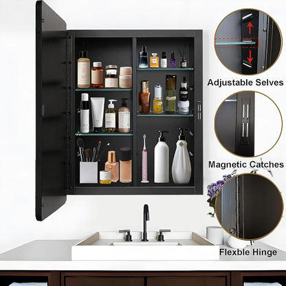 Black Medicine Cabinet 22x28 inch, Bathroom Mirror with Storage, Recessed or Wall Mounted Farmhouse Cabinets, Metal Framed Adjustable Shelves, One Door Open Left or Right