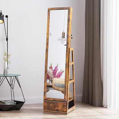 360° Swivel Full Length Mirror Jewelry Cabinet Standing With Built-In Mirror Jewelry Armoire With Mirror Drawers, Lockable Storage Christmas Gift Rustic Brown