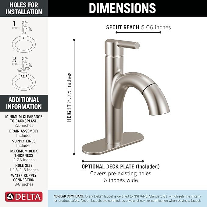 Delta Nicoli 1 Hole Pull Down Bathroom Faucet with Sprayer, Brushed Nickel Single Hole Bathroom Sink Faucet with Pull Out Sprayer for Vanity, Push-Pop Drain, Stainless 15749LF-SSPD