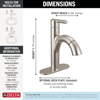 Delta Nicoli 1 Hole Pull Down Bathroom Faucet with Sprayer, Brushed Nickel Single Hole Bathroom Sink Faucet with Pull Out Sprayer for Vanity, Push-Pop Drain, Stainless 15749LF-SSPD