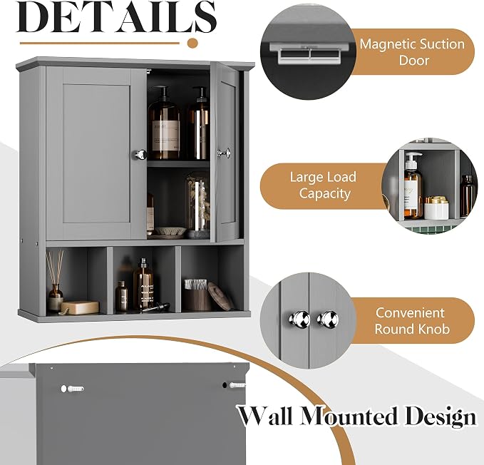 Bathroom Wall Cabinet, Bathroom Cabinet Wall Mount with 2 Doors and 3 Open Shelves, Over The Toilet Wood Medicine Cabinets for Laundry Room, Grey