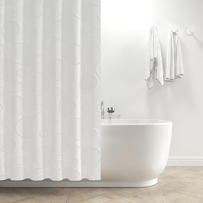 Waterproof Fabric Shower Curtain for Bathroom - Washable, 72"x72", Boho Style, Textured Jacquard, Hotel Quality, Ruffled, 12 Metal Hooks, Ivory White