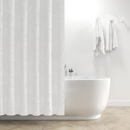 Waterproof Fabric Shower Curtain for Bathroom - Washable, 72"x72", Boho Style, Textured Jacquard, Hotel Quality, Ruffled, 12 Metal Hooks, Ivory White