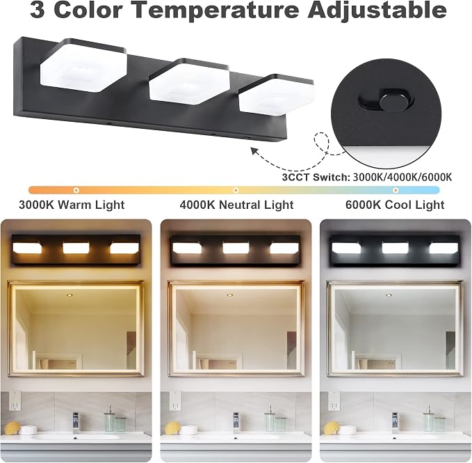 GOODATE 3 Colors Dimmable Black Bathroom Light Fixtures Over Mirror, LED Vanity Lights, Acrylic Stainless Steel 3 Light Bathroom Vanity Light Fixtures, Adjustable 3000K/4000K/6000K, 360° Rotate