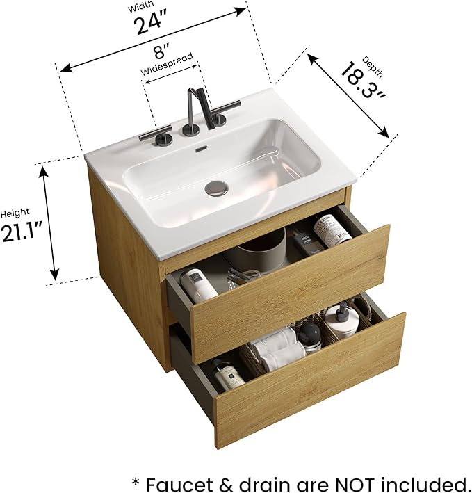 24" Bathroom Vanity with Sink, Modern Floating Vanity with Double Soft Closing Drawers, Large Storage for Small Space, Natural Oak, Fully Assembled - Iris Collection
