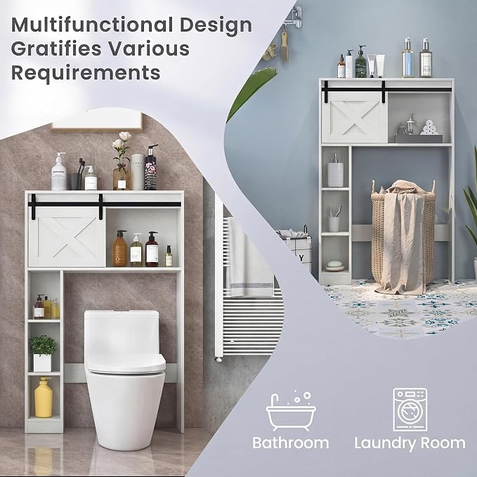GIANTEX Over The Toilet Storage Cabinet - Freestanding Bathroom Organizer with Sliding Barn Door & Storage Shelves, Multifunctional Bathroom Toilet Rack for Bathroom, Restroom, Laundry (White)