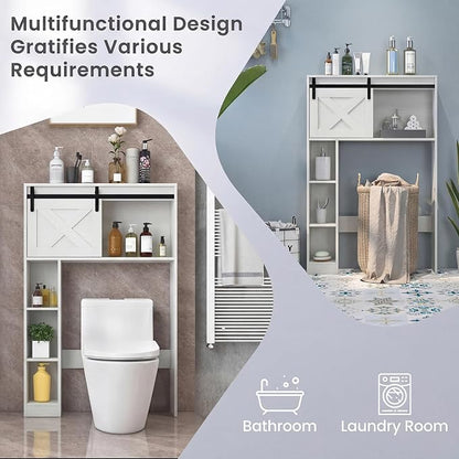 GIANTEX Over The Toilet Storage Cabinet - Freestanding Bathroom Organizer with Sliding Barn Door & Storage Shelves, Multifunctional Bathroom Toilet Rack for Bathroom, Restroom, Laundry (White)