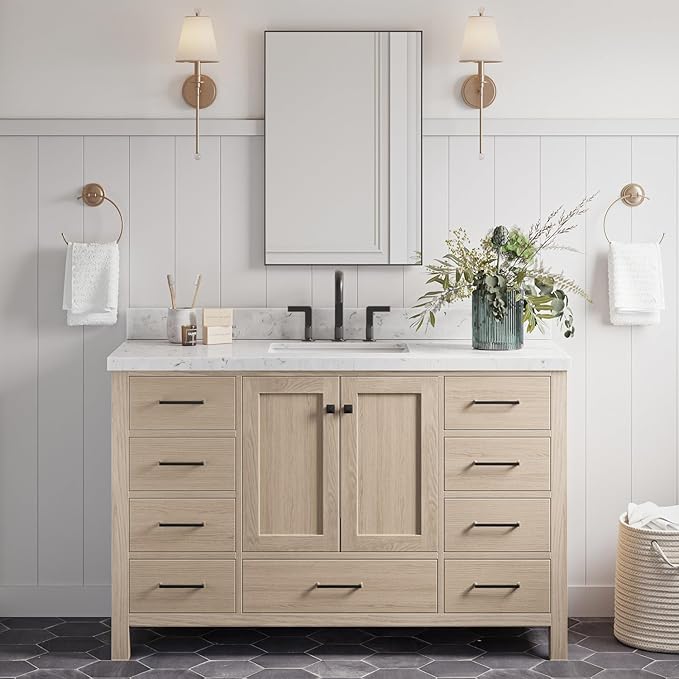 ARIEL Cambridge 54-inch Bathroom Vanity Base Cabinet,Solid Wood, 2 Soft Closing Doors, 9 Dovetail Drawers, White Oak