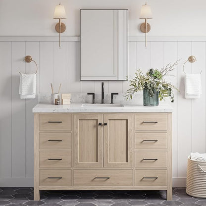 ARIEL Cambridge 54-inch Bathroom Vanity Base Cabinet,Solid Wood, 2 Soft Closing Doors, 9 Dovetail Drawers, White Oak