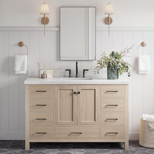 ARIEL Cambridge 54-inch Bathroom Vanity Base Cabinet,Solid Wood, 2 Soft Closing Doors, 9 Dovetail Drawers, White Oak