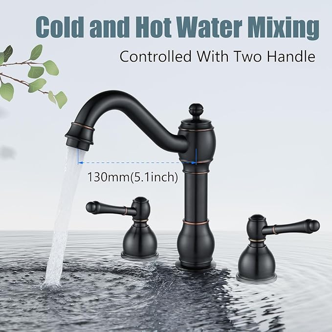 Aolemi 8 Inch Widespread Bathroom Sink Faucet 3 Hole Deck Mount Vanity Basin Mixer Tap with Pop Up Drain Assembly Oil Rubbed Bronze Double Lever Handle