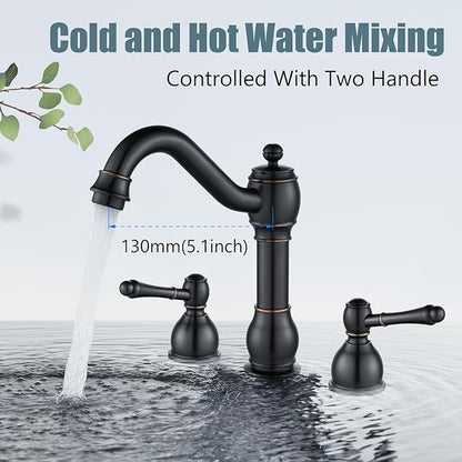 Aolemi 8 Inch Widespread Bathroom Sink Faucet 3 Hole Deck Mount Vanity Basin Mixer Tap with Pop Up Drain Assembly Oil Rubbed Bronze Double Lever Handle
