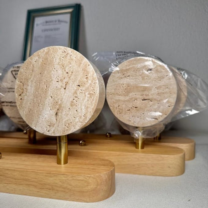 Farmhouse Wood Vanity Light 4 Lights Natural Stone Shade | Nordic Style Travertine Linear Bathroom Light Fixture Rotatable LED Wall Light Over Mirror - Natural Wood Color
