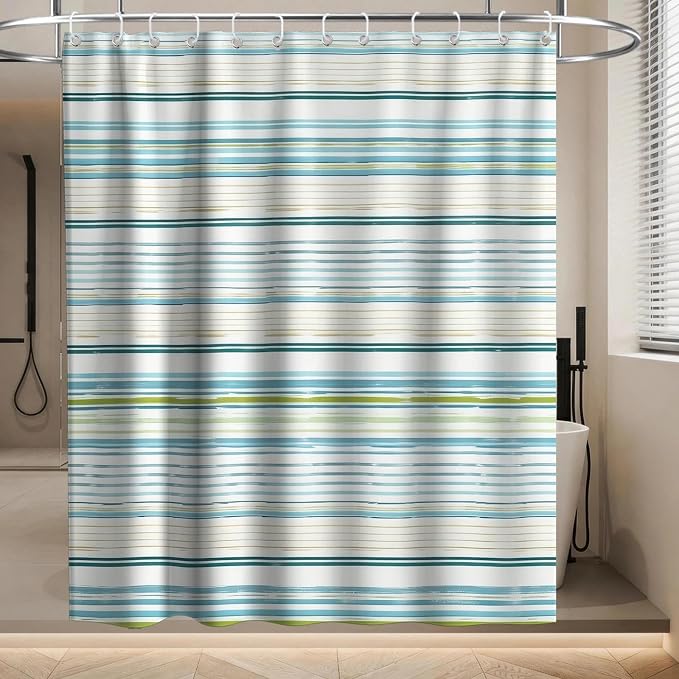 Neutral Modern Striped Shower Curtain Abstract Luxury Aesthetic Ocean | Funky Shower Curtains for Bathroom, Waterproof Bath Curtain with Hooks Machine Washable Bathtub Curtains 72x84 Inch Blue