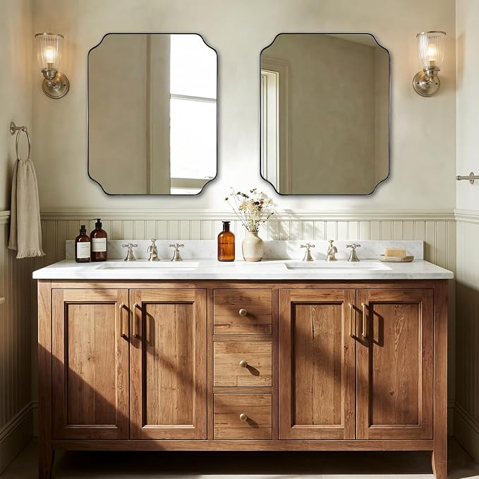24x30 Inch Chrome Bathroom Mirror, Polished Nickel Mirrors for Wall, Modern Scalloped Mirror in Rustproof Stainless Steel Thin Frame, Elegant Scalloped Edge Design, Ideal for Home Remodel