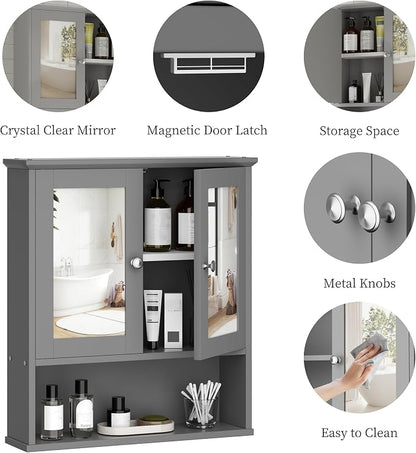 Shintenchi Bathroom Medicine Cabinet with Mirror, Wall Mounted, Gray | Over The Toilet Cupboard, Adjustable Shelf, Open & Concealed Storage, 2 Magnet Doors, Space-Saving, Easy to Clean