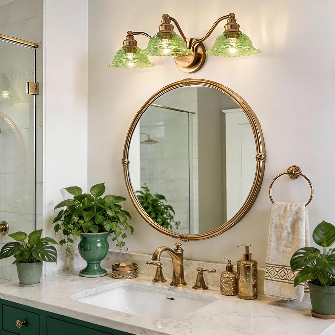 Redluck Vintage Bathroom Vanity Light Fixture, 3-Light Bathroom Lighting Fixtures Over Mirror, Antique Brass Finish with Green Crystal Glass Shade, Wall Sconces Lighting for Bedroom, Living Room