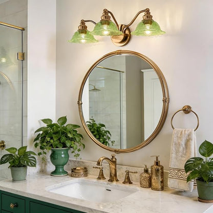 Redluck Vintage Bathroom Vanity Light Fixture, 3-Light Bathroom Lighting Fixtures Over Mirror, Antique Brass Finish with Green Crystal Glass Shade, Wall Sconces Lighting for Bedroom, Living Room