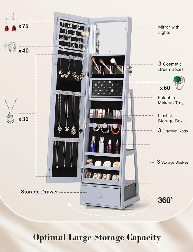 Nicetree 360° Swivel Jewelry Cabinet with Lights, Full Length Mirror, Grey | Standing Mirror Jewelry Cabinet, Lockable Mirror with Storage, Lighted Interior Mirror, Rear Shelves, Flip-over Shelf