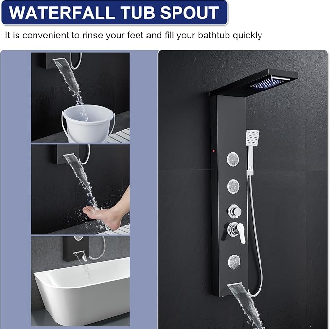 ROVATE 6 in 1 LED Rainfall Waterfall Shower Panel Tower System, Black | Stainless Steel Shower Column with Tub Spout, Rainfall Waterfall Shower Head, 2-Setting Massage Body Jets, Flexible Handheld