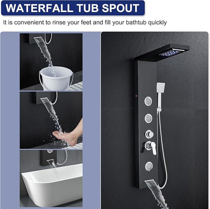 ROVATE 6 in 1 LED Rainfall Waterfall Shower Panel Tower System, Black | Stainless Steel Shower Column with Tub Spout, Rainfall Waterfall Shower Head, 2-Setting Massage Body Jets, Flexible Handheld