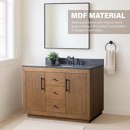 HOMEBEYOND 48" Bathroom Vanity with Single Sink & Ceramic Top, MDF Material Vanity Cabinet with Basin Combo, Soft-Closing Doors, Removable Shelf, Backsplash, Tan