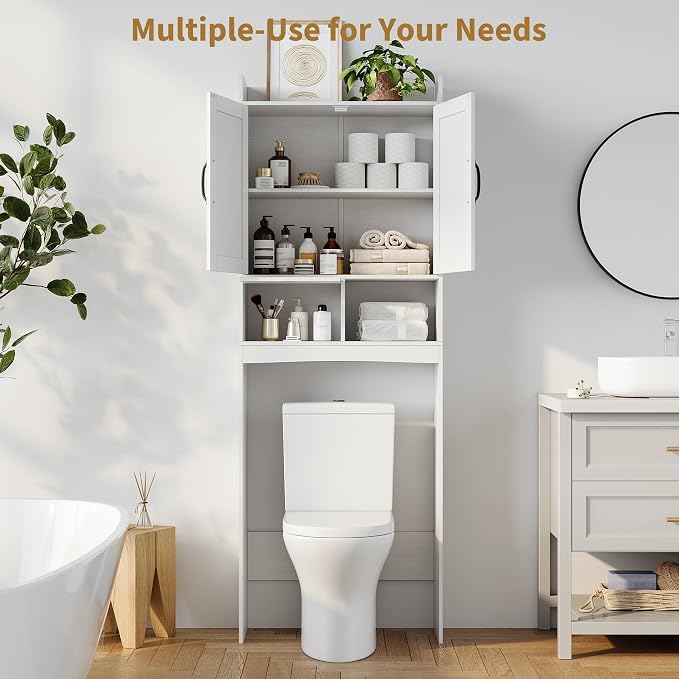 GarveeHome Over the Toilet Storage, Anti-Tip, Adjustable Shelf, White | Bathroom Cabinet, Toilet Paper Holder, Sturdy Build, for Bathroom Restroom Laundry