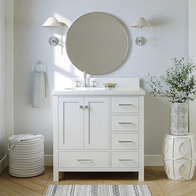 ARIEL Cambridge 36-inch Bathroom Vanity Base Cabinet,Solid Wood, 2 Soft Closing Doors, 5 Dovetail Drawers, White