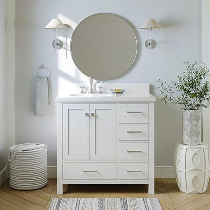ARIEL Cambridge 36-inch Bathroom Vanity Base Cabinet,Solid Wood, 2 Soft Closing Doors, 5 Dovetail Drawers, White