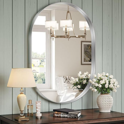 Brightify Silver Oval Mirror for Bathroom 20x33 Inch, Metal Framed Bathroom Vanity Silver Mirrors, Modern Pill Shape Mirror for Bedroom Living Room Wall Decorative Hang Vertical and Horizontal