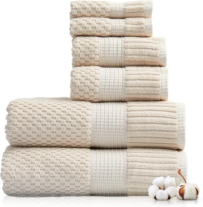 100% Cotton 6 Piece Bath Towel Set | Beige Towels | Oeko‑TEX Standard 100 | Soft & Absorbent, Quick‑Dry | Trinity Collection - Sand