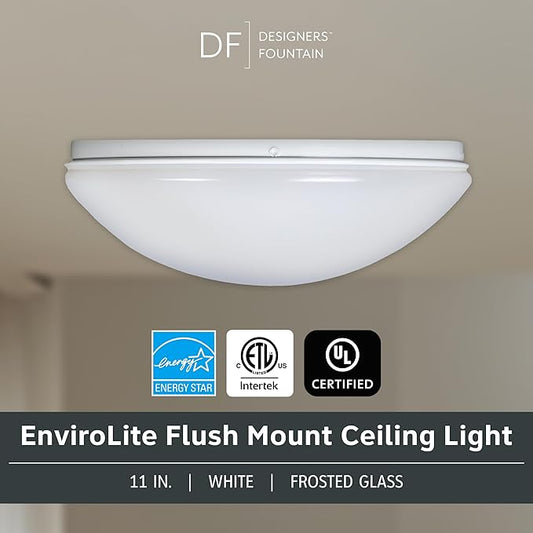 Designers Fountain EnviroLite Flush Mount Ceiling Light, 11 Inch LED Round Glass Lighting Fixture for Kitchen, Bedroom, Bathroom, and Hallway, White, EV1011C5C-06