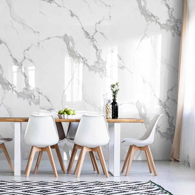 Marble Peel and Stick Waterproof Wall Paneling, 118" x 47" Carrara White Glossy Finish Self-Adhesive Backsplash Tile Vinyl Wall Panel for Kitchen Bathroom Wall Decor, Covers 38.75 Sq. Ft.