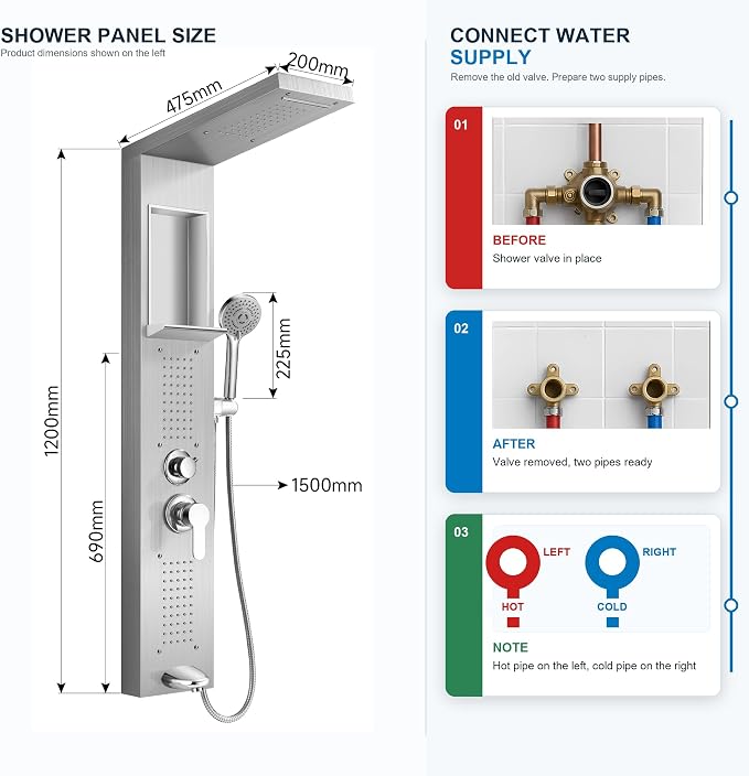 Shower Panel Tower System with Handheld Sprayer, Body Jets and Shelf | Rainfall and waterfall shower tower with tub spout, 5-setting handheld sprayer, body jets, shelf, and independent controls