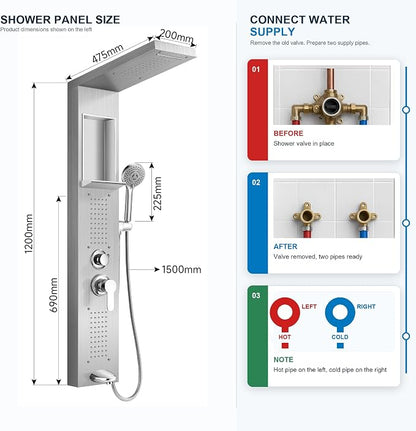 Shower Panel Tower System with Handheld Sprayer, Body Jets and Shelf | Rainfall and waterfall shower tower with tub spout, 5-setting handheld sprayer, body jets, shelf, and independent controls