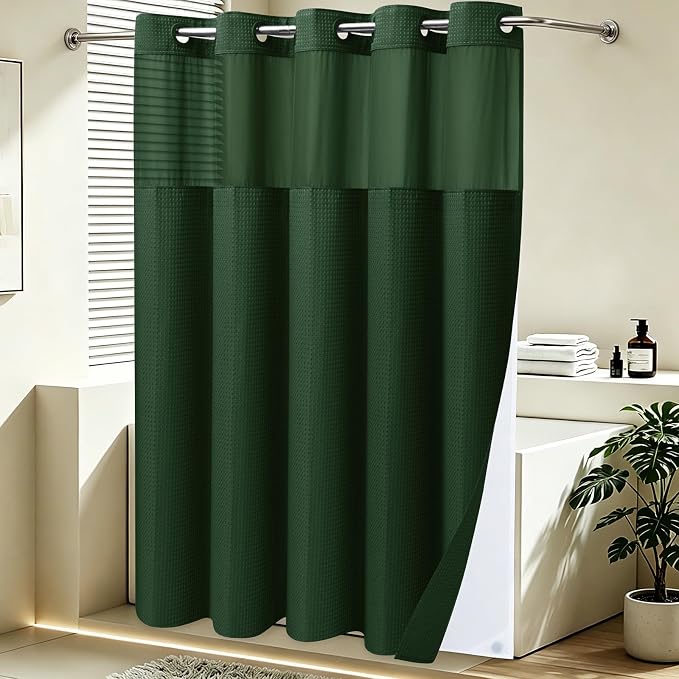 SORTTO No Hook Shower Curtain with Snap in Liner Set Waffle Shower Curtain for Bathroom Hotel Style Fabric Waterproof Inner Liner，71" W x 74" H, Dark Green
