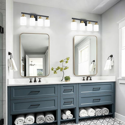 Black and Gold Bathroom Light Fixtures, 4-Light Vanity Lights,24" | Bathroom Vanity Lights with Milky White Glass Shade,Bathroom Lights Over Mirror Wall Lamp Sconces for Mirror Restroom Sink