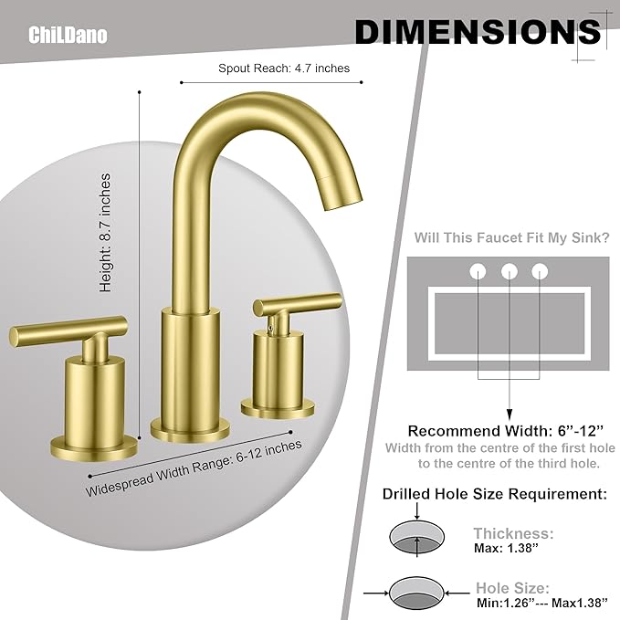 Brushed Gold Bathroom Faucet, 8 inch Widespread Bathroom Sink Faucet 3 Hole with Drain and Hose, Gold Bathroom Faucet CH2183BG