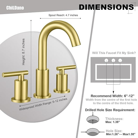 Brushed Gold Bathroom Faucet, 8 inch Widespread Bathroom Sink Faucet 3 Hole with Drain and Hose, Gold Bathroom Faucet CH2183BG