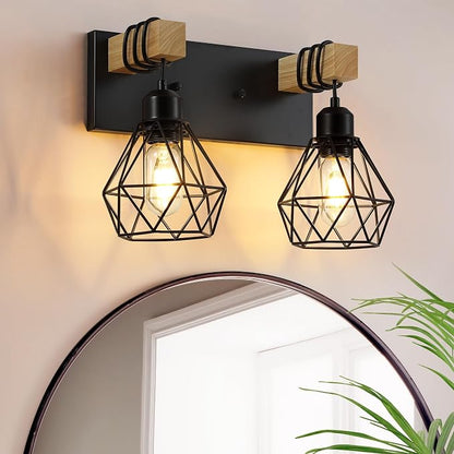 VbiTmn Bathroom Light Fixtures, 2 Light Black Farmhouse Wood Vanity Lights | Rustic Design, Diamond Metal Shades, Easy to Install, Wall Sconces for Bathroom, Bedroom, Makeup Area, Over Vanity Mirror