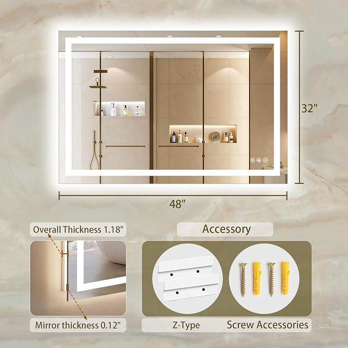 32"x48" LED Bathroom Mirror with Lights, Anti-Fog, Backlit+Frontlit | CRI 95, Stepless Dimmable, 3 Colors Lighting, Shatterproof Tempered Glass, HD Reflection, Memory, (Horizontal/Vertical)