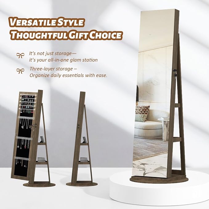 Jewelry Armoire with Full Length Mirror - 360° Swivel Standing Floor Mirror Jewelry Cabinet, Lockable Storage Organizer , 3 Shelves & Drawers,Tall Mirror with Storage for Women (Antique brown)