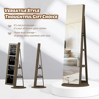 Jewelry Armoire with Full Length Mirror - 360° Swivel Standing Floor Mirror Jewelry Cabinet, Lockable Storage Organizer , 3 Shelves & Drawers,Tall Mirror with Storage for Women (Antique brown)