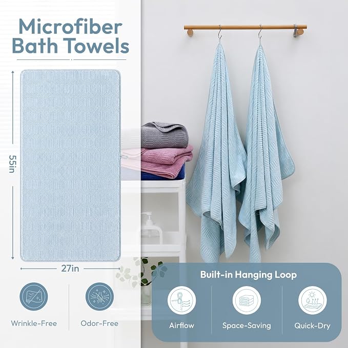 JML Microfiber Bath Towels, 2 Pack, 27x55 in, Light Blue | Soft, Super Absorbent, Quick Dry, Lint-Free, Lightweight Bathroom Towel with Hanging Loop for Daily Use