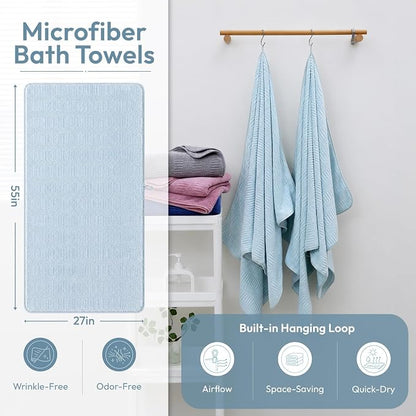 JML Microfiber Bath Towels, 2 Pack, 27x55 in, Light Blue | Soft, Super Absorbent, Quick Dry, Lint-Free, Lightweight Bathroom Towel with Hanging Loop for Daily Use