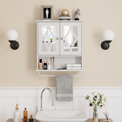 Bathroom Medicine Cabinet with Adjustable Shelves and Towel Bar, Vanity Wall Mounted Storage Cabinet with Mirror, Hanging Wall Cabinet for Bathroom, Laundry, Living Room (White)