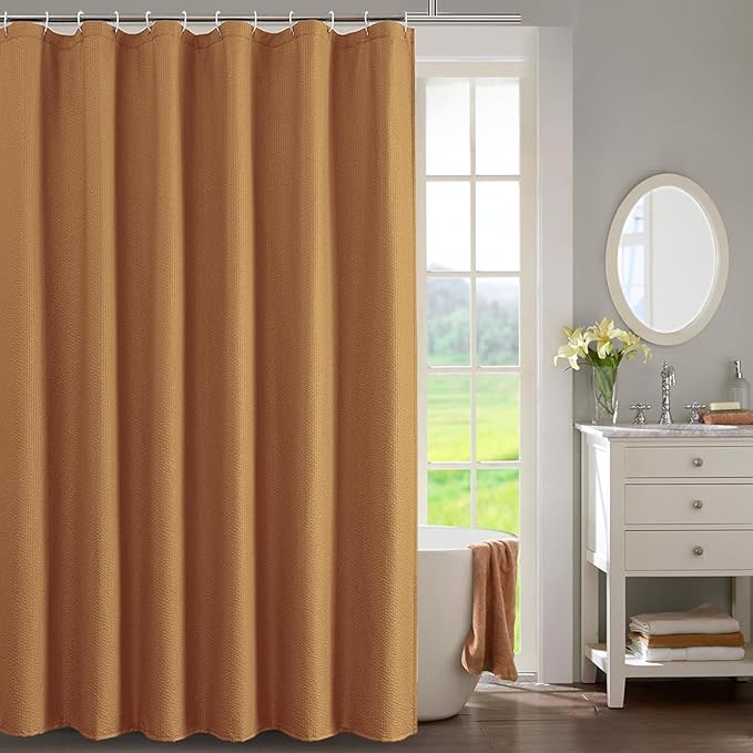 OWENIE Gold Shower Curtain for Bathroom 96 Inches Extra Long, Elegant 3D Embossed Textured Fabric Shower Curtains, Water Repellent, Machine Washable, Hotel Style, 72" W x 96" L, Gold