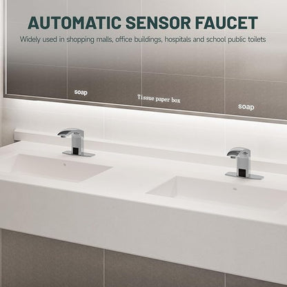 Touchless Bathroom Sink Faucet, Greenspring Automatic Sensor Faucet, Hands Free Vanity Faucets, Commercial Deck Mount Bathroom Faucet with Cover Plate, Chrome